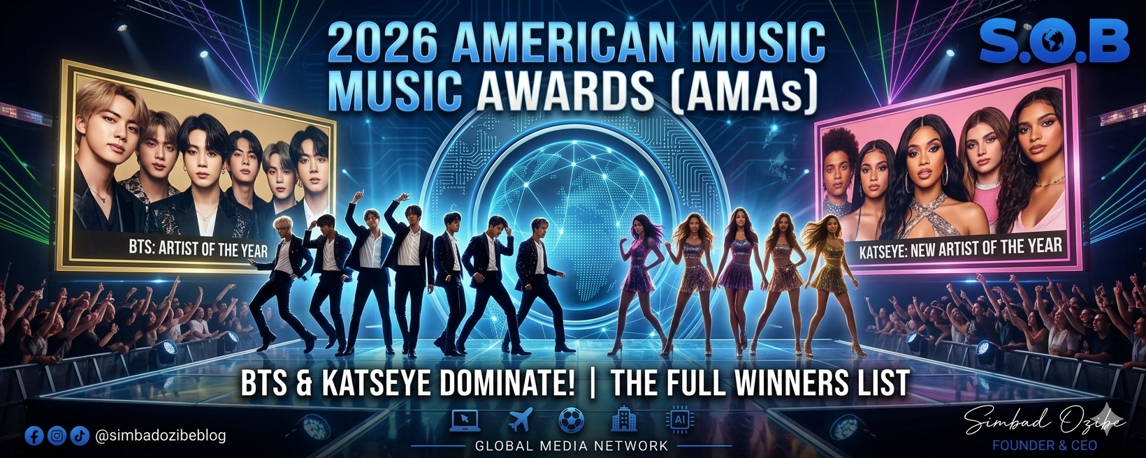 An image showing BTS and female groups known as katseye after winning the 2026 American music awards