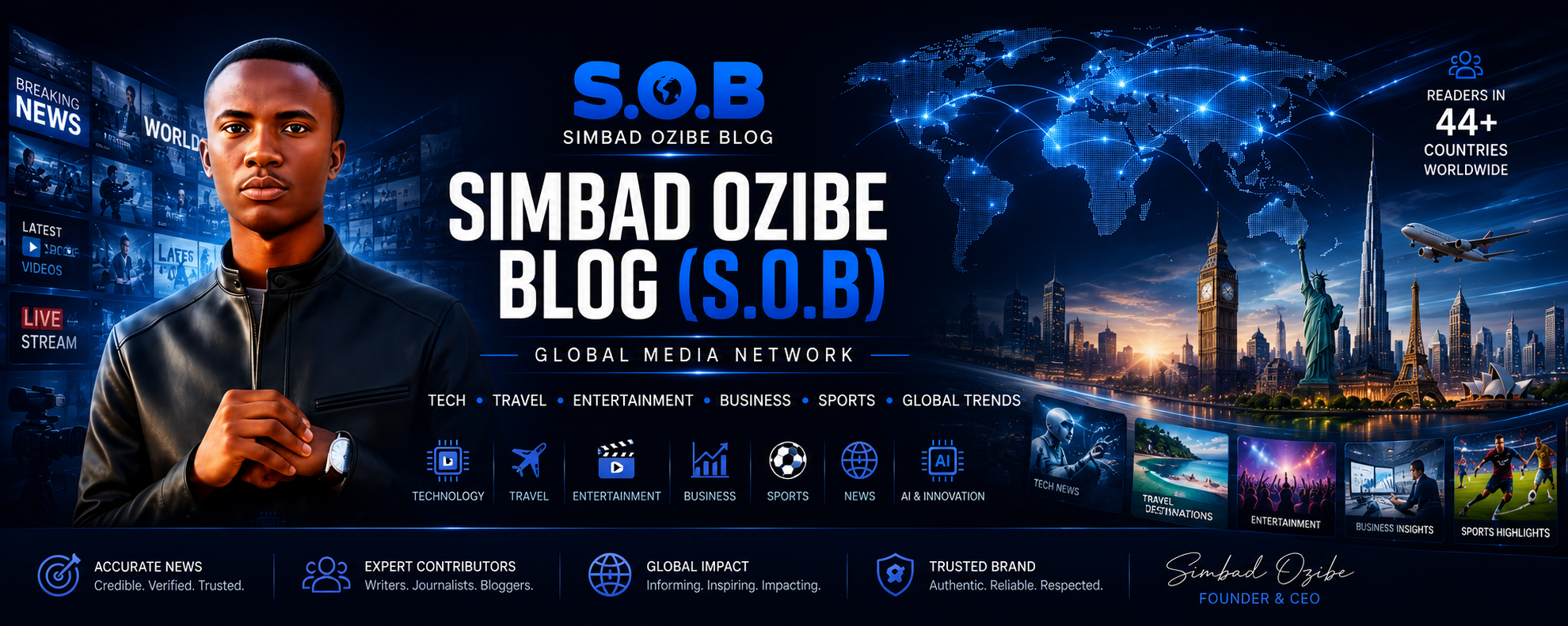 Simbad Ozibe Blog (S.O.B) global media network banner featuring founder Simbad Ozibe with worldwide news, technology, travel, entertainment, business, sports and digital media elements