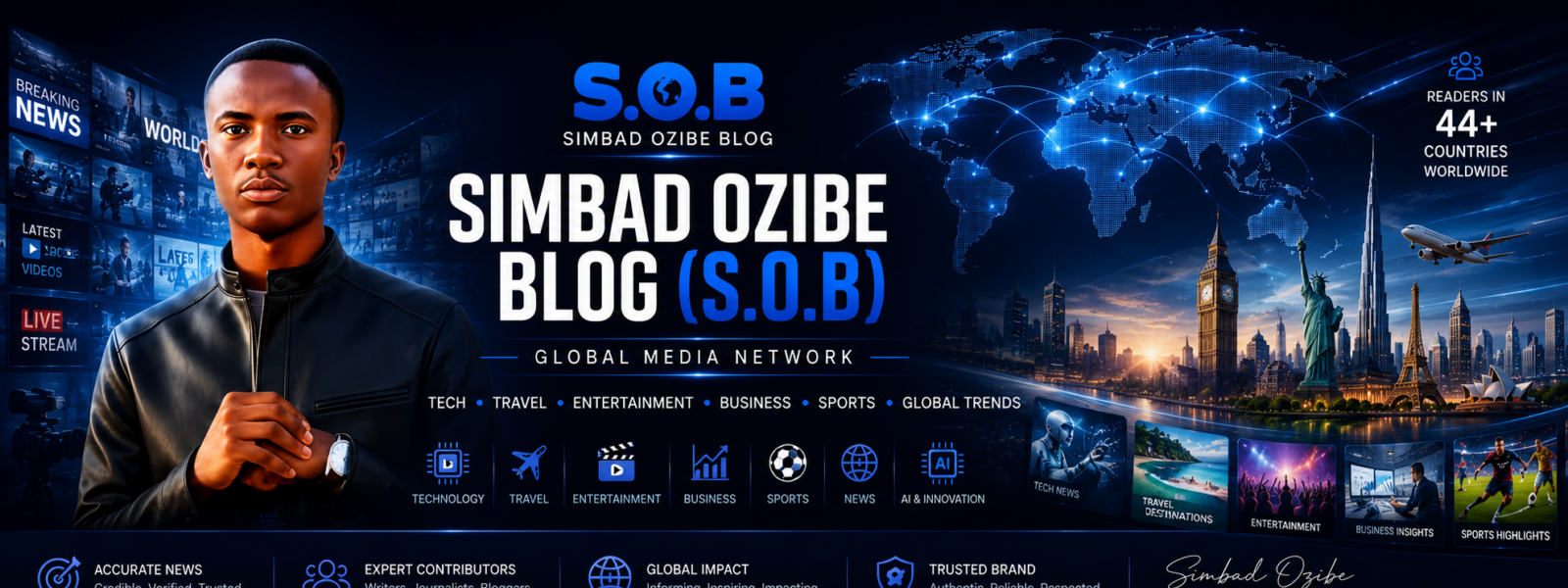 Simbad Ozibe Blog (S.O.B) global media network banner featuring founder Simbad Ozibe with worldwide news, technology, travel, entertainment, business, sports and digital media elements