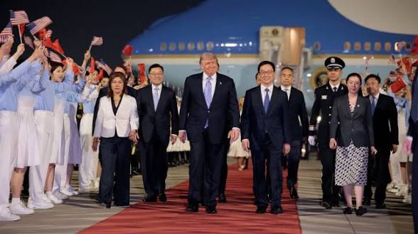 Moment president trump arrives in china with Elon musk, Tim cook and other high profile leaders