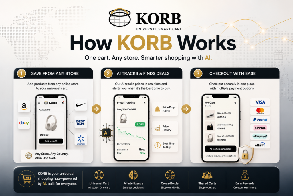 How KORB Works – AI-Powered Universal Shopping Cart Platform KORB infographic explaining how the AI-powered universal shopping cart works through product saving, AI price tracking, cross-border shopping comparisons, and unified checkout
