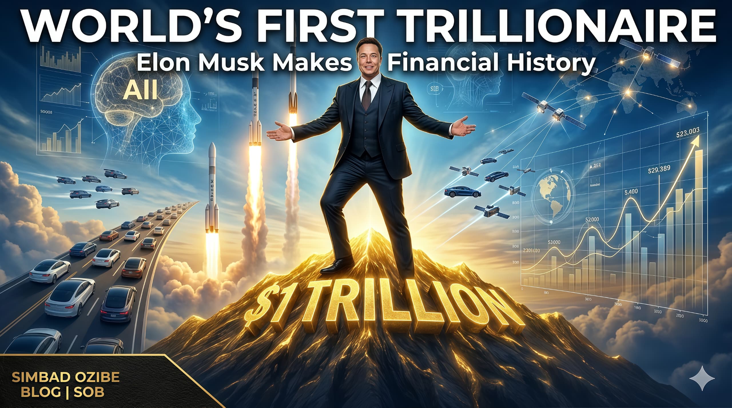 Elon Musk standing on a golden mountain shaped like one trillion dollars, featured on a cinematic business news cover for Simbad Ozibe Blog. The background shows SpaceX rockets, Tesla cars, Starlink satellites, and financial charts under a bold headline reading Worlds First Trillionaire.