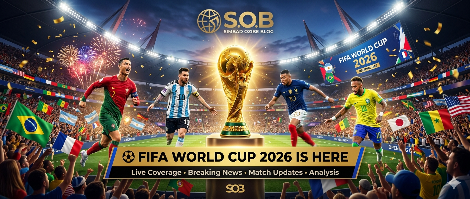 FIFA World Cup 2026 trophy surrounded by football superstars Cristiano Ronaldo, Lionel Messi, Kylian Mbappé and Neymar inside a packed stadium during the opening of the tournament.