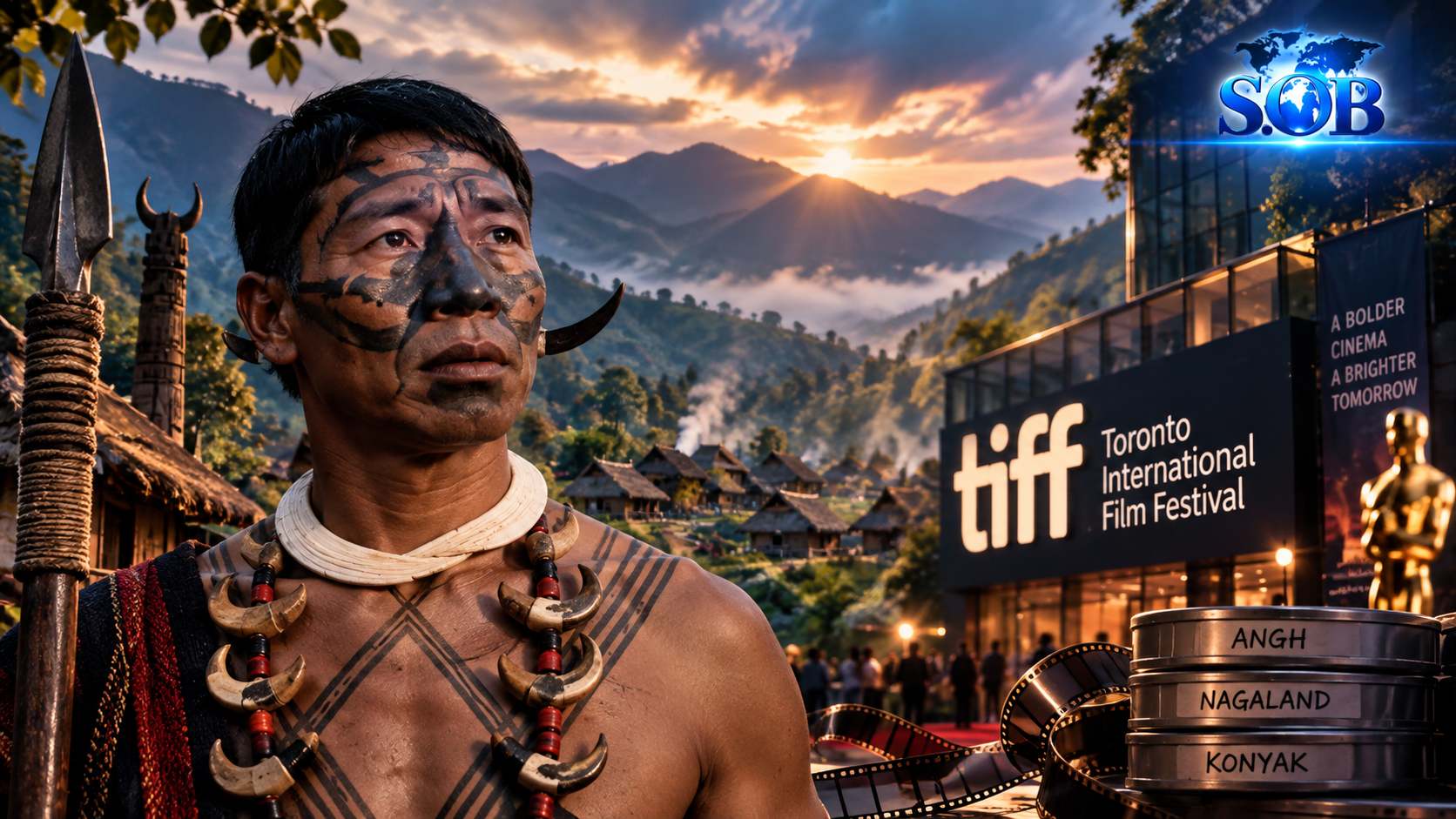 Editorial composite featuring a scene from Nagaland film Angh alongside a cinematic depiction of its TIFF Platform Prize recognition