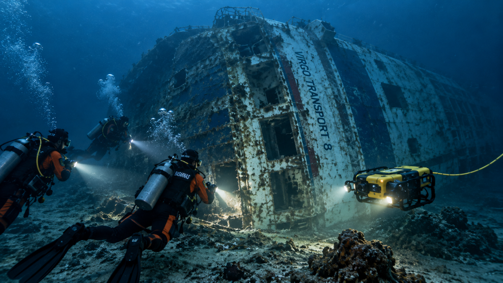 Editorial illustration of the overturned Virgo Transport 8 ferry during a search and rescue operation in Indonesia’s Java Sea