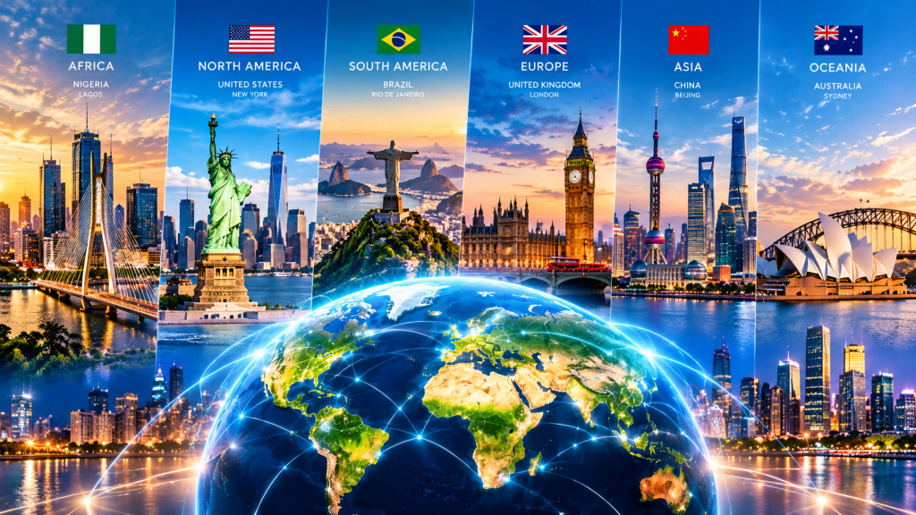 Global city skylines and landmarks representing the international reach of Simbad Ozibe Blog