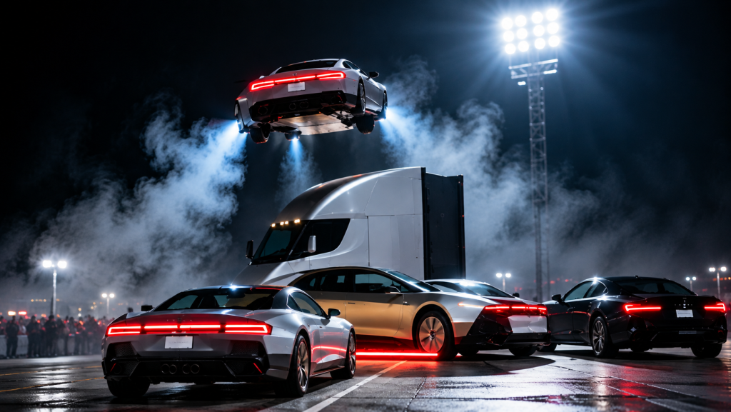 Futuristic Tesla roadster sports car hovering above vehicles during a dramatic demonstration