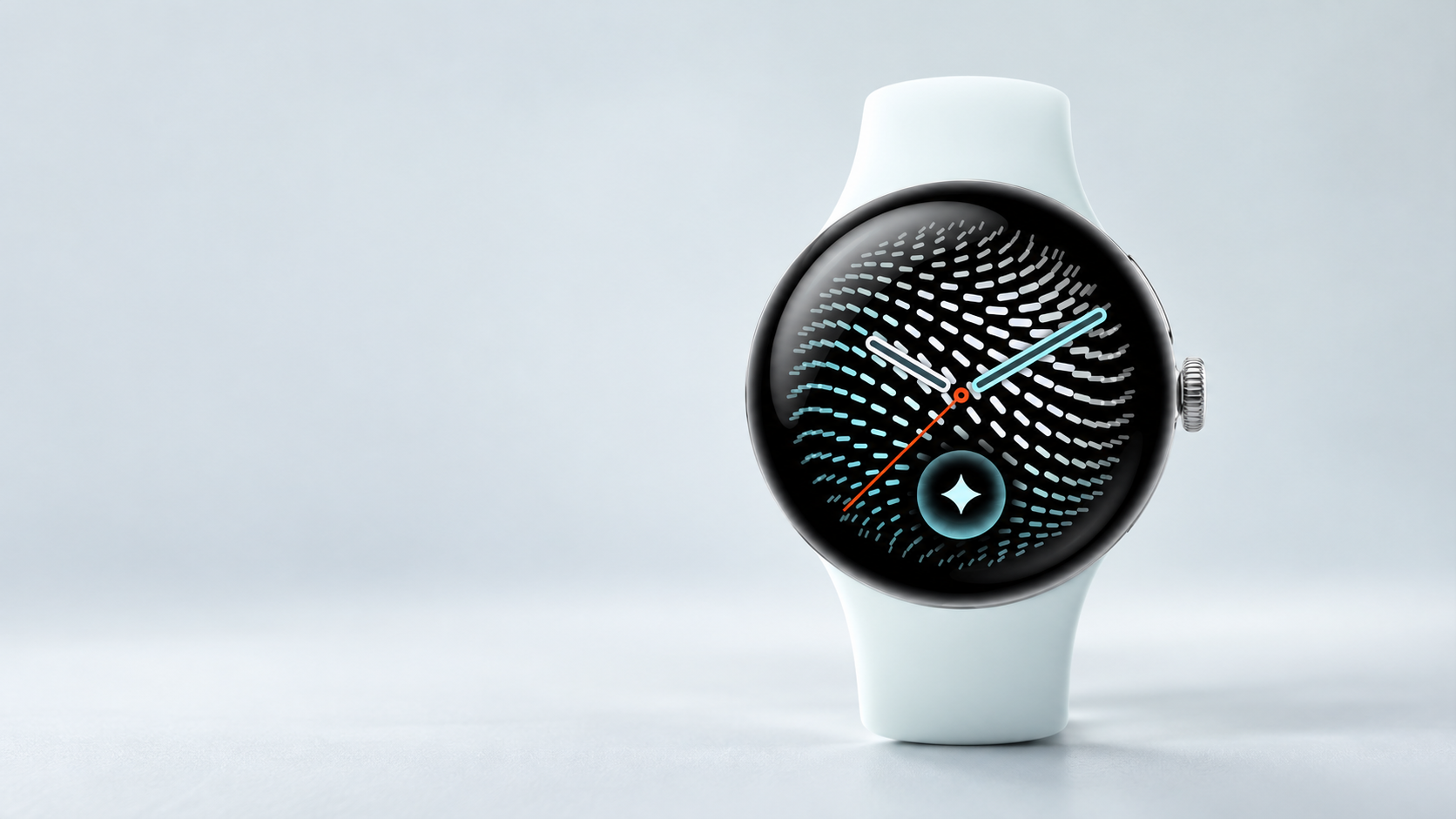 Round smartwatch with a silver case, pale mint band and black display featuring a blue-and-white radial watch face with cyan hands.
