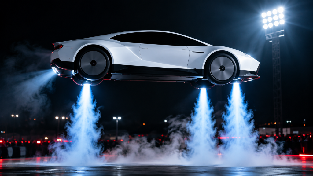 White futuristic Tesla Roadster shown hovering with blue-white thruster effects