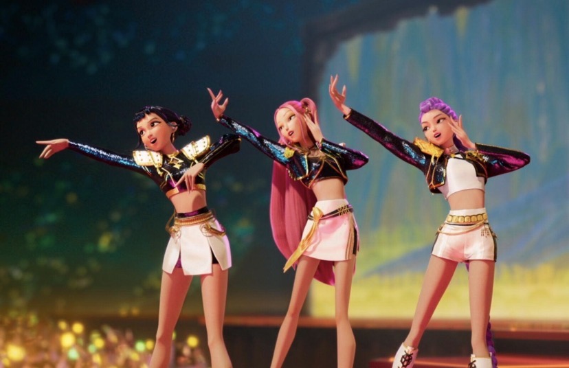 KPop Demon Hunters characters Rumi, Mira and Zoey performing on stage